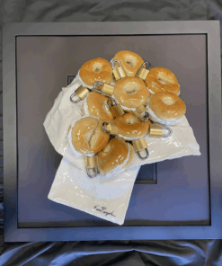 Tom Pergola Fine Art bagels and locks framed assemblague plastique art sculpture for sale or commission