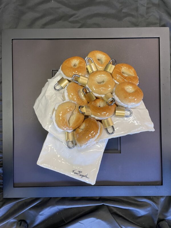 Tom Pergola Fine Art bagels and locks framed assemblague plastique art sculpture for sale or commission